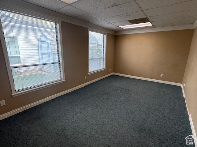 Spare room featuring ornamental molding, baseboards, dark carpet, and a drop ceiling