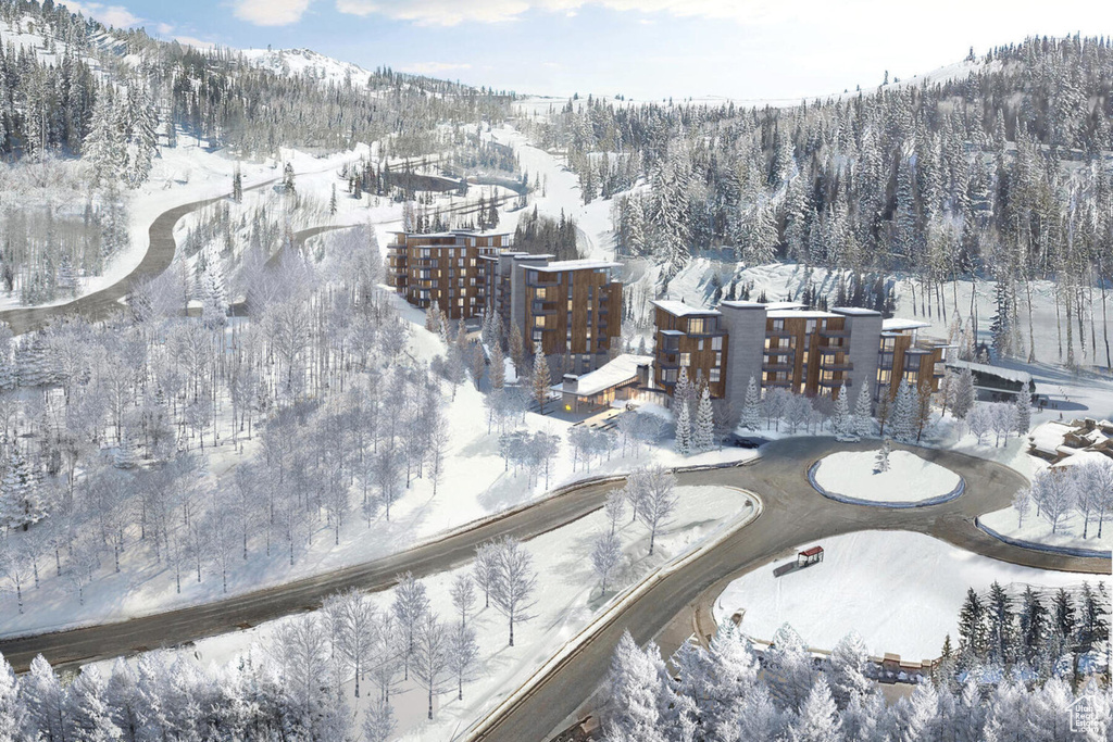Snowy aerial view featuring a mountain view