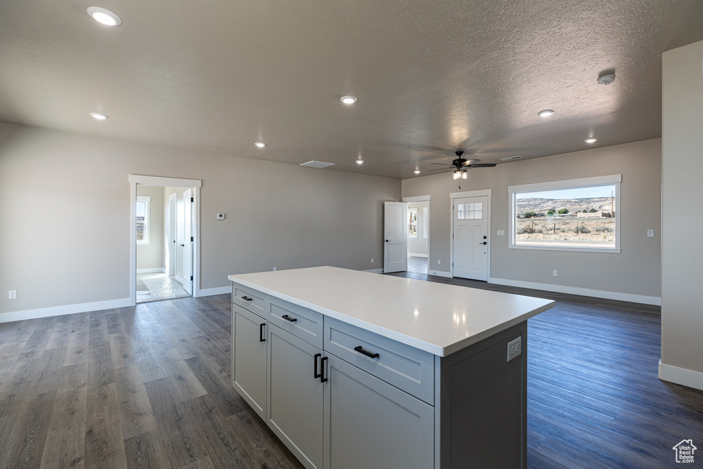 Kitchen featuring open floor plan, a center island, dark wood finished floors, and recessed lighting