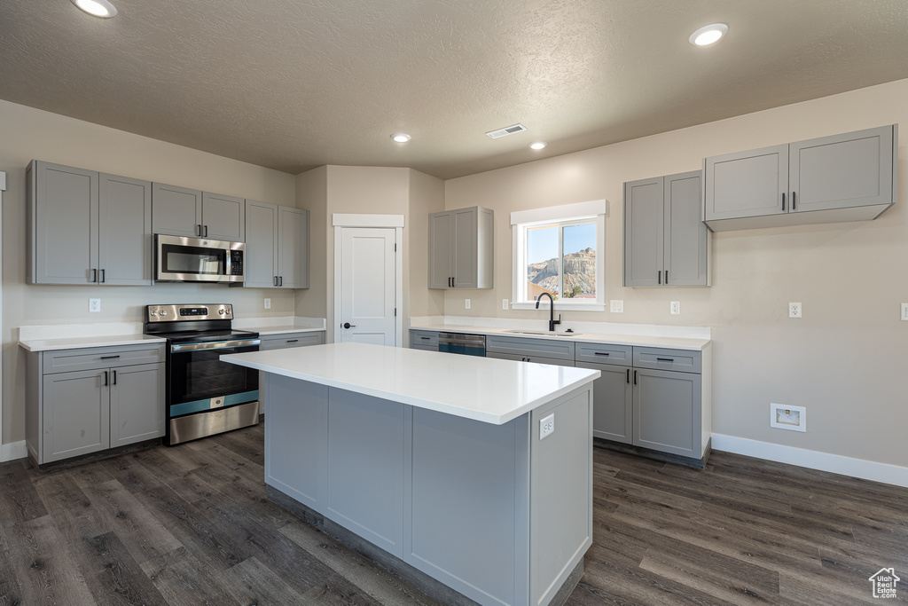 Kitchen featuring stainless steel appliances, gray cabinets, a sink, dark wood finished floors, and recessed lighting