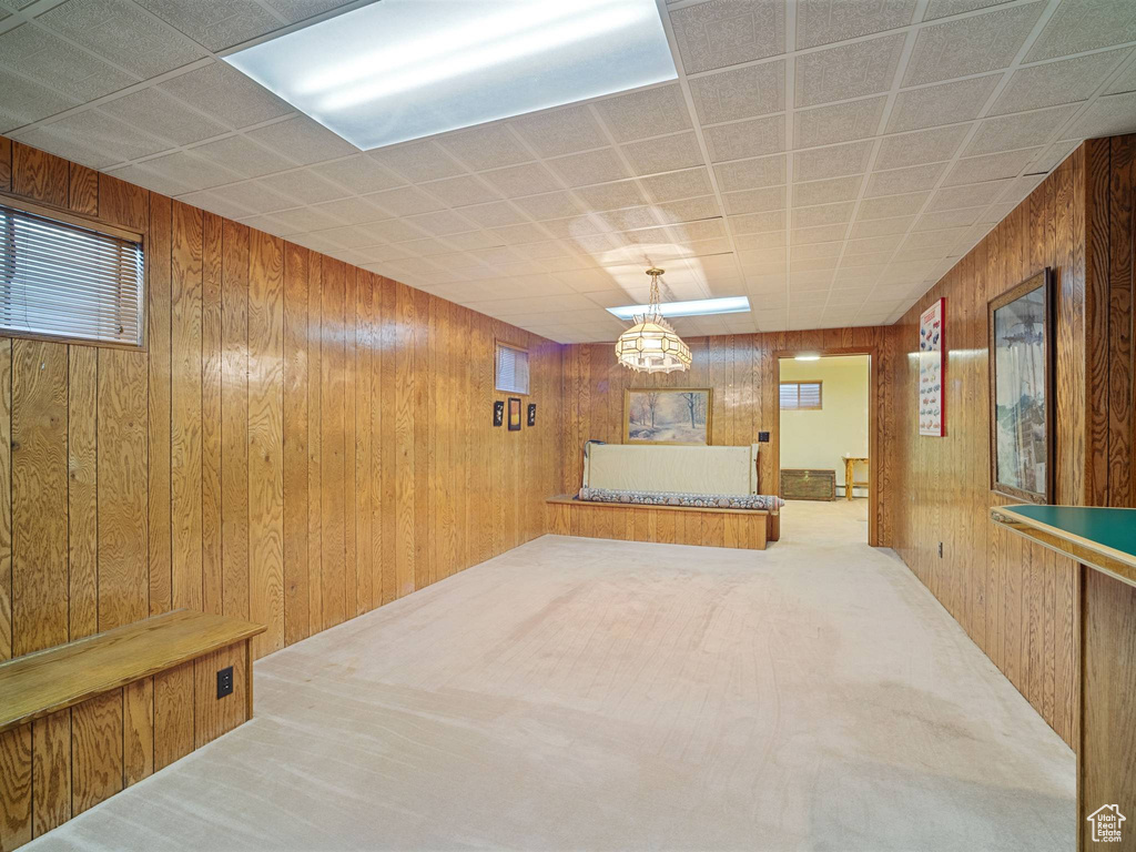 Basement with carpet and wood walls