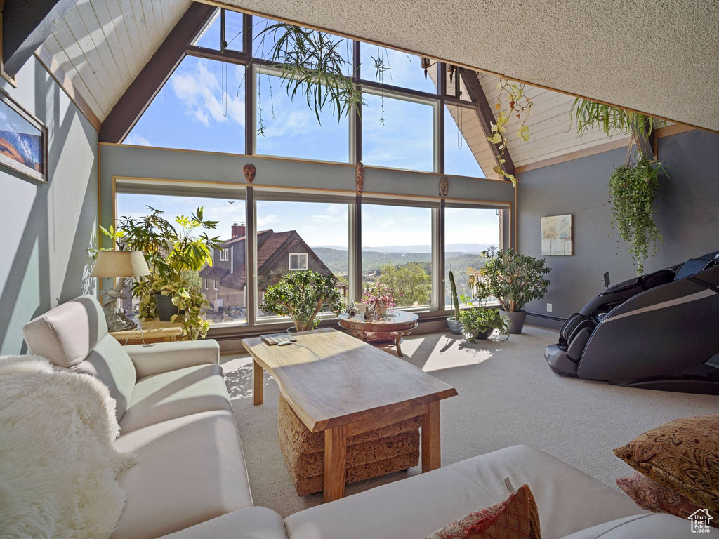 Carpeted living room with high vaulted ceiling and a mountain view