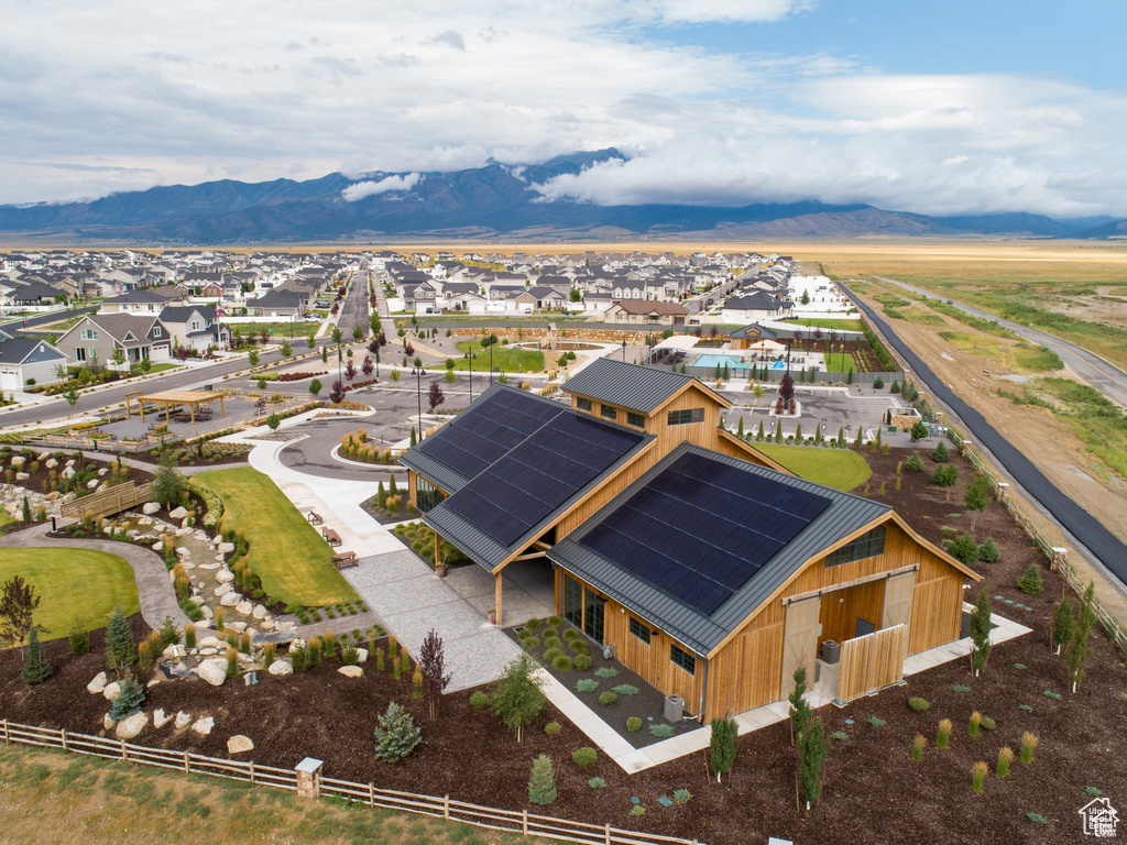 Aerial view of residential area with mountains