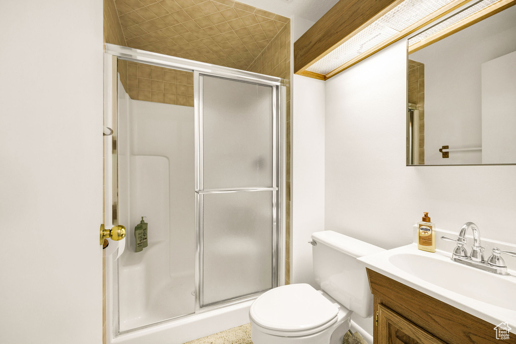 Full bathroom featuring a shower stall, toilet, and vanity