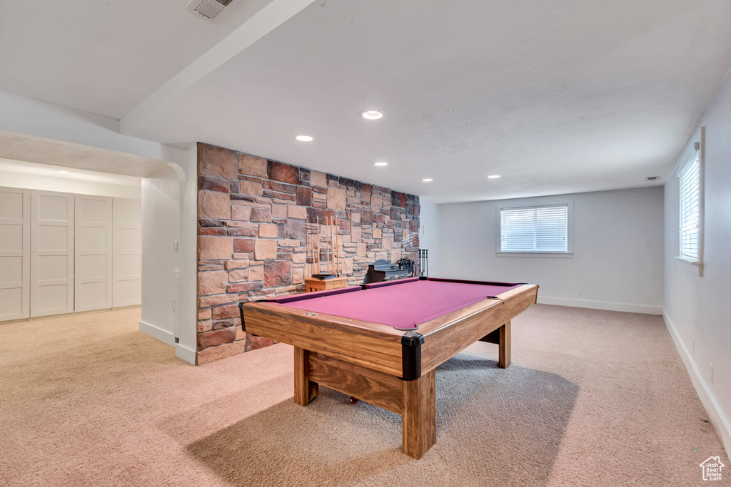 Recreation room with carpet, recessed lighting, baseboards, and billiards