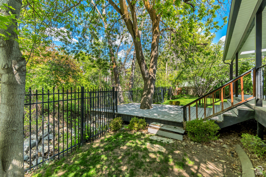 Deck with a fenced backyard