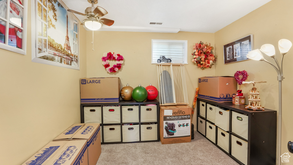 Rec room with ceiling fan and carpet floors