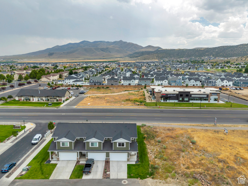 Aerial perspective of suburban area featuring mountains