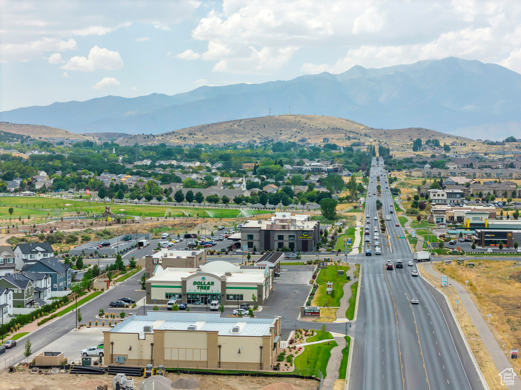 Drone / aerial view of a mountain backdrop