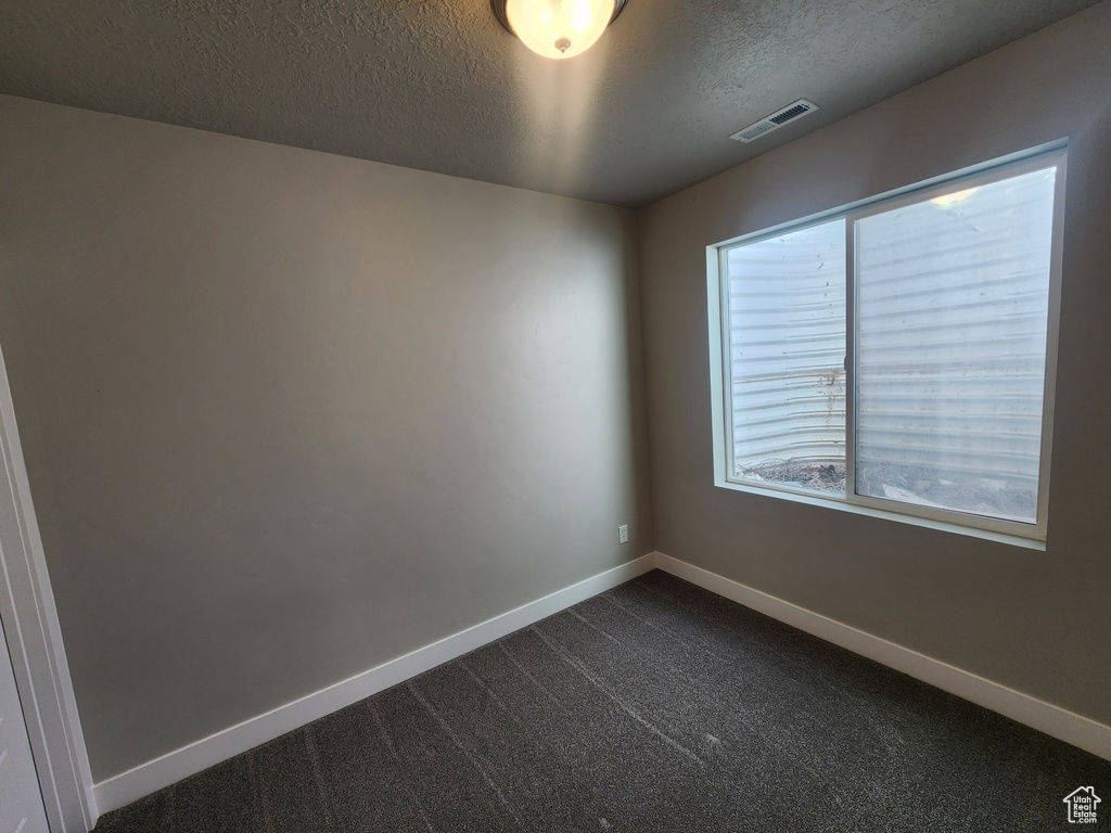 Unfurnished room featuring a textured ceiling, dark colored carpet, plenty of natural light, and baseboards