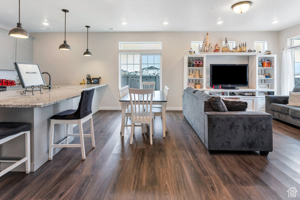 Living area with dark wood-style floors, healthy amount of natural light, baseboards, and recessed lighting