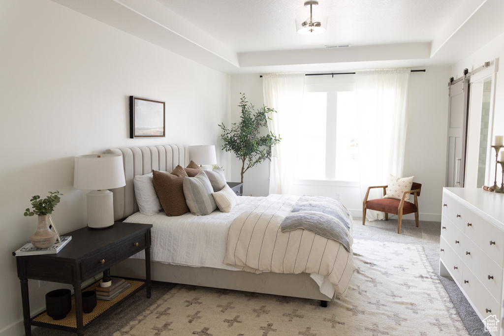 Bedroom featuring a barn door and light carpet