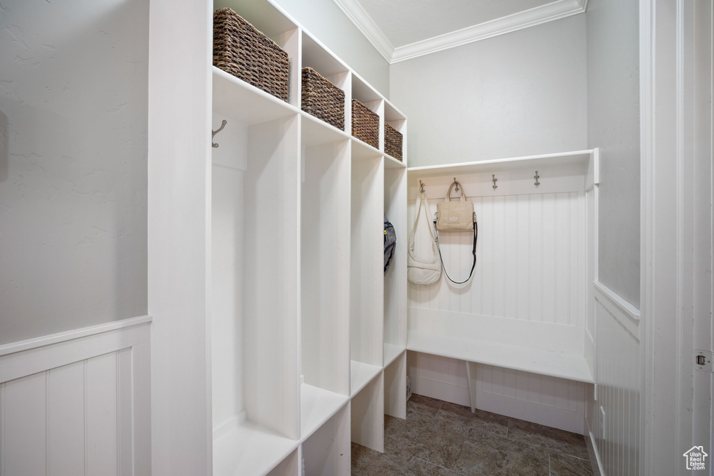 Mudroom featuring crown molding, a wainscoted wall, and a decorative wall