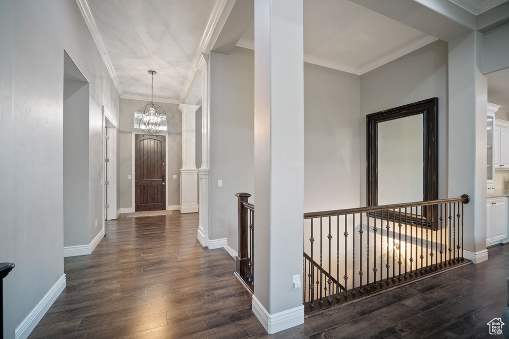 Entryway with dark wood-style flooring, a chandelier, crown molding, and baseboards