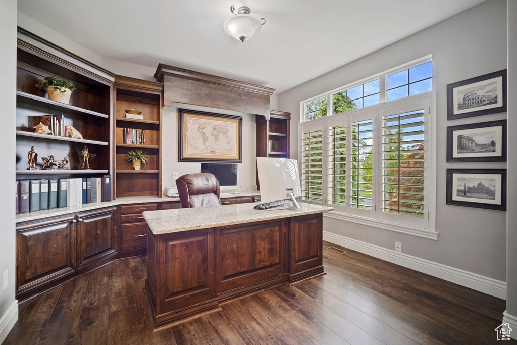 Office with baseboards and dark wood finished floors