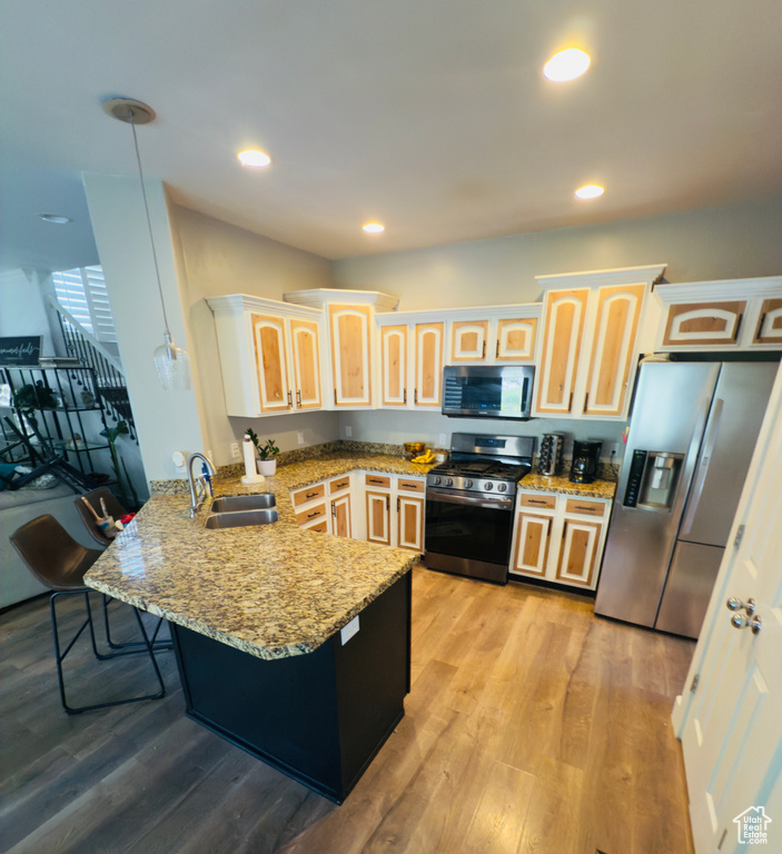 Kitchen with appliances with stainless steel finishes, a peninsula, a sink, light stone counters, and a kitchen breakfast bar