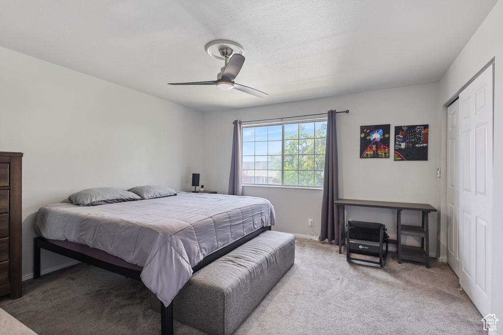 Bedroom with carpet flooring, a closet, ceiling fan, and baseboards