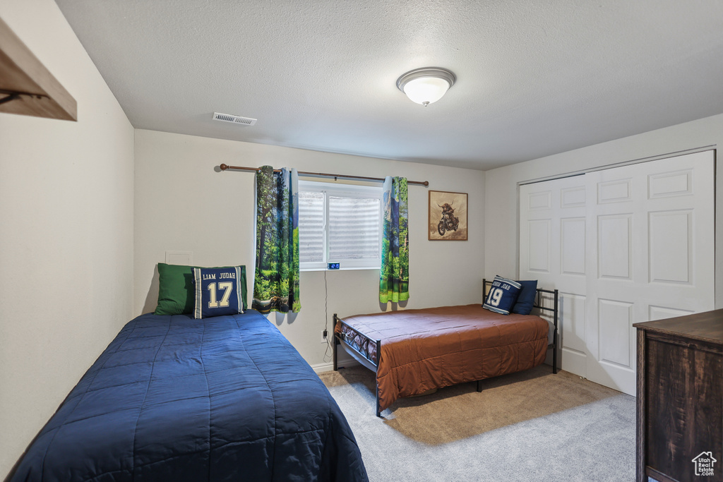 Bedroom featuring carpet flooring, a closet, and a textured ceiling