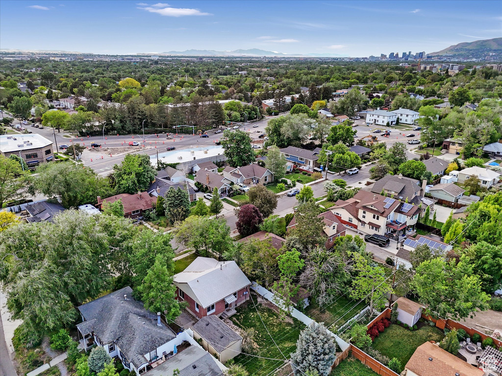 Aerial view of residential area with mountains