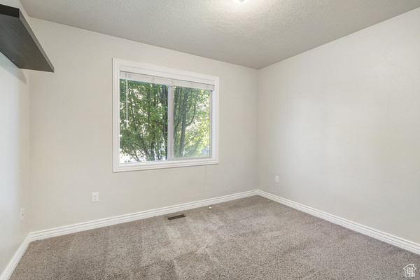 Carpeted spare room with baseboards and a textured ceiling