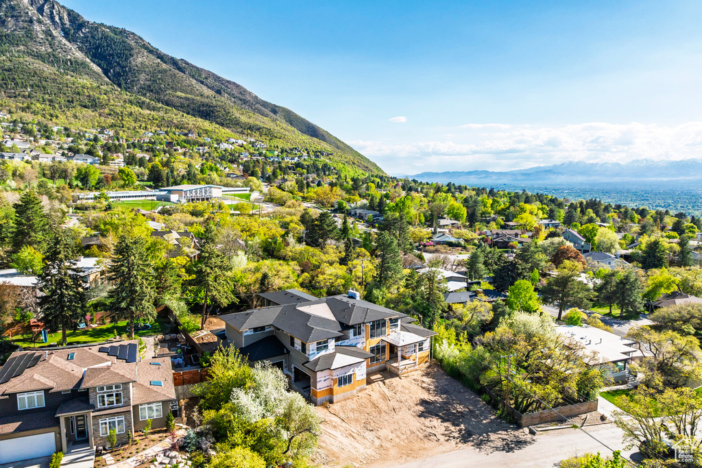 Aerial view featuring a mountain view and a residential view