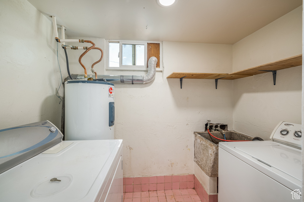 Laundry area featuring electric water heater and separate washer and dryer