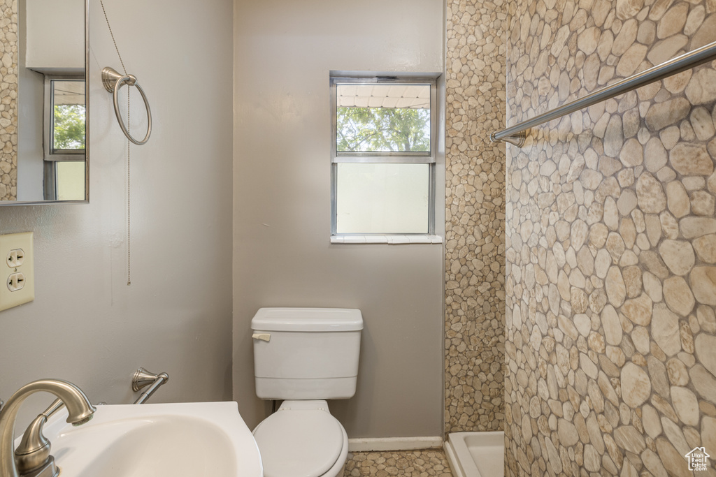 Full bath featuring a sink, toilet, a shower, and baseboards