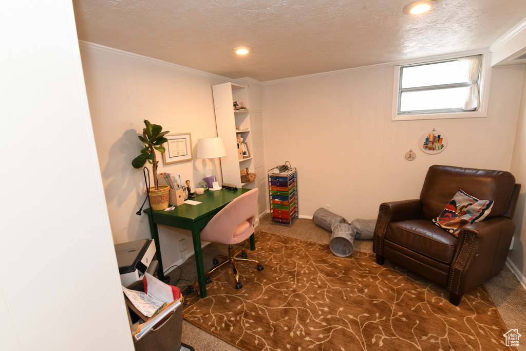 Carpeted home office with ornamental molding, a textured ceiling, and recessed lighting