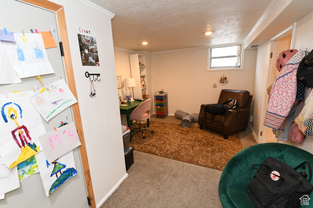 Recreation room with carpet flooring, recessed lighting, and a textured ceiling