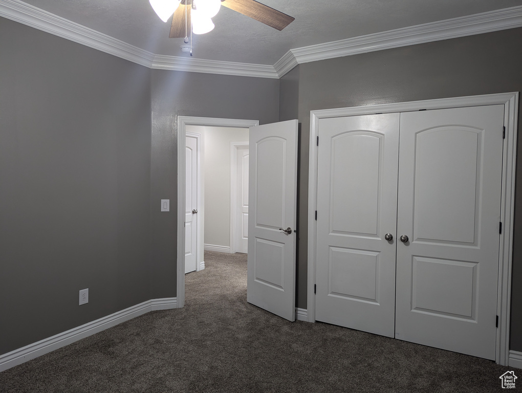 Unfurnished bedroom with carpet flooring, crown molding, baseboards, a closet, and ceiling fan