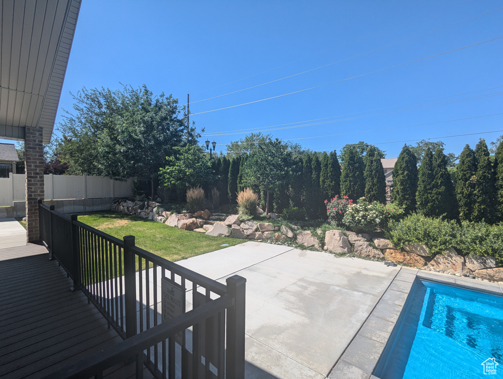 View of swimming pool featuring a patio and a fenced backyard