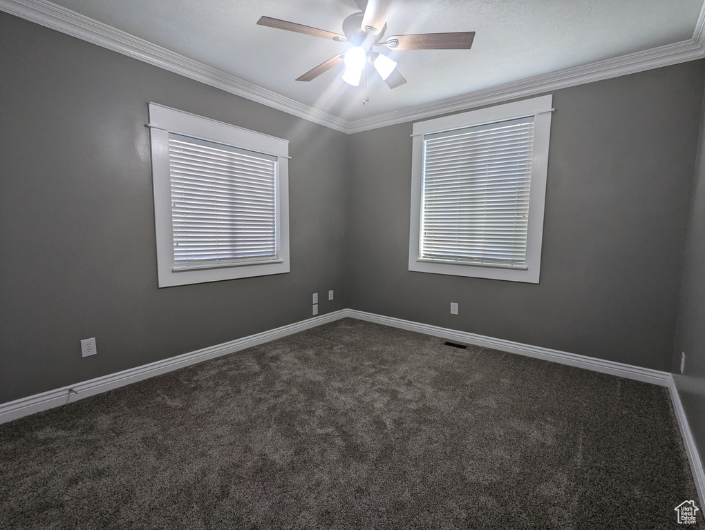 Spare room featuring dark carpet, ceiling fan, and ornamental molding