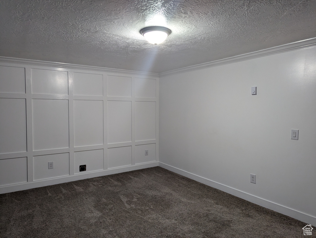 Spare room with dark colored carpet, a textured ceiling, baseboards, and a decorative wall