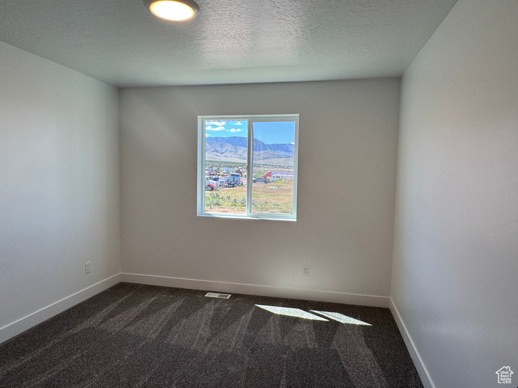 Empty room with dark colored carpet, baseboards, and a textured ceiling