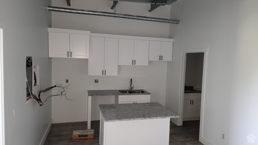 Kitchen with a sink, dark wood finished floors, baseboards, and a high ceiling