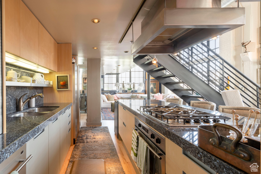 Kitchen with a sink, appliances with stainless steel finishes, wall chimney range hood, light wood-type flooring, and open floor plan