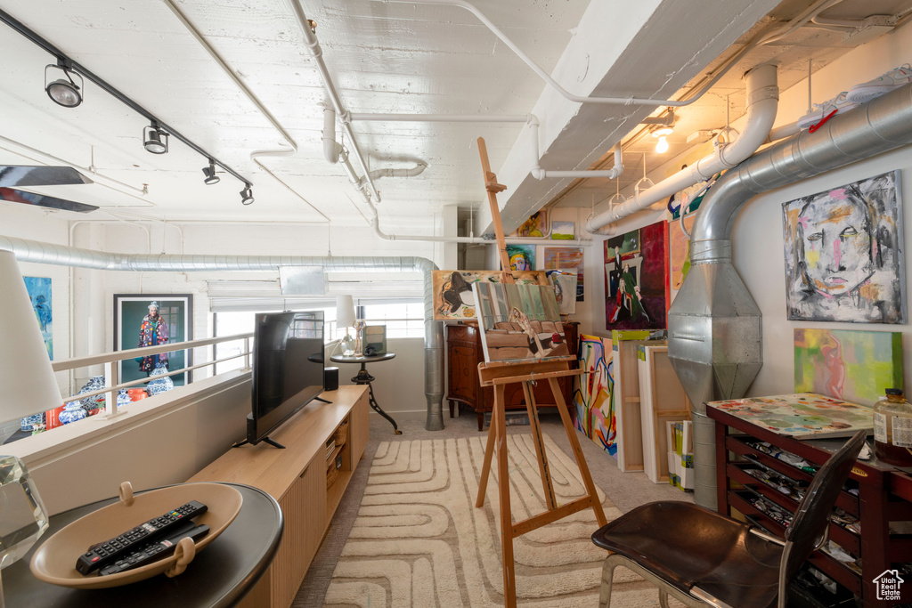 Basement with light colored carpet