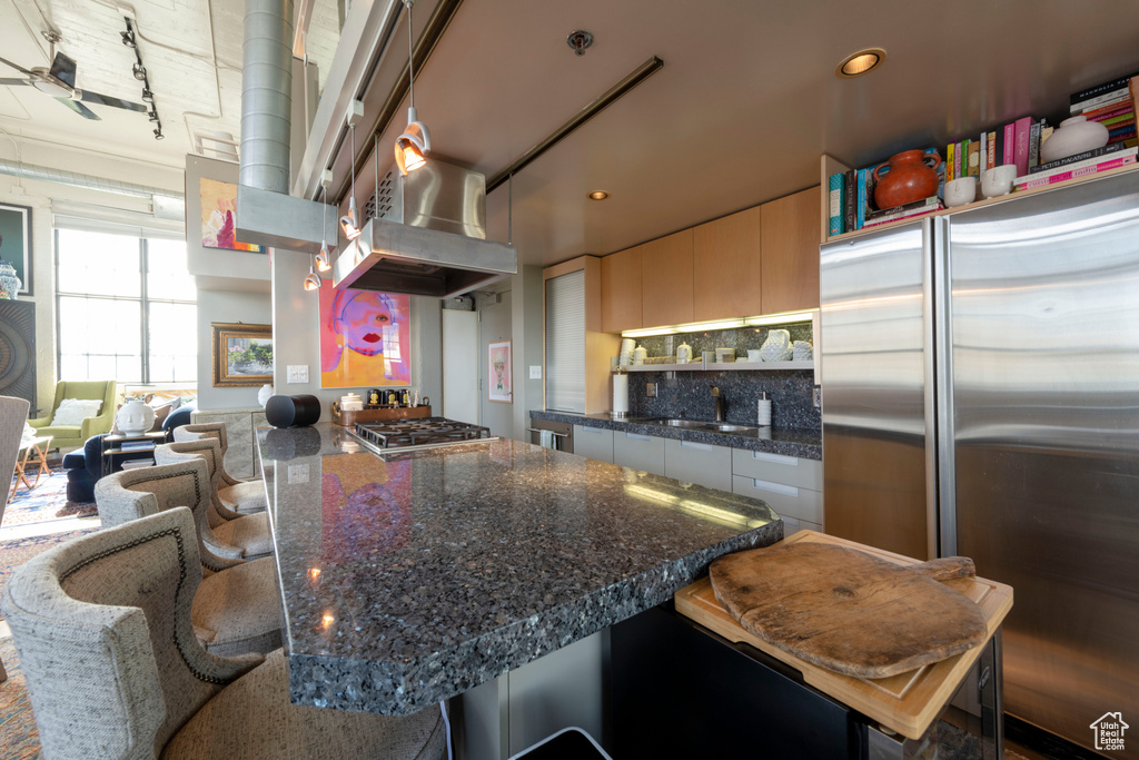Kitchen with appliances with stainless steel finishes, island exhaust hood, a sink, decorative backsplash, and recessed lighting