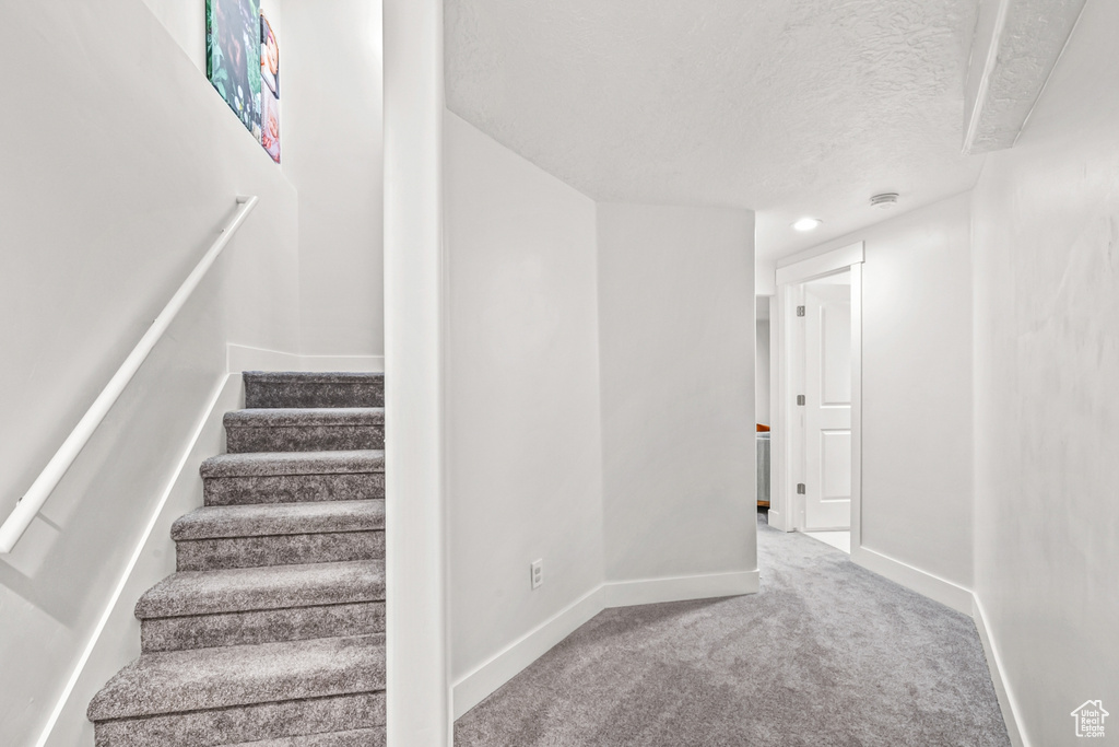 Staircase with a textured ceiling, baseboards, and carpet flooring