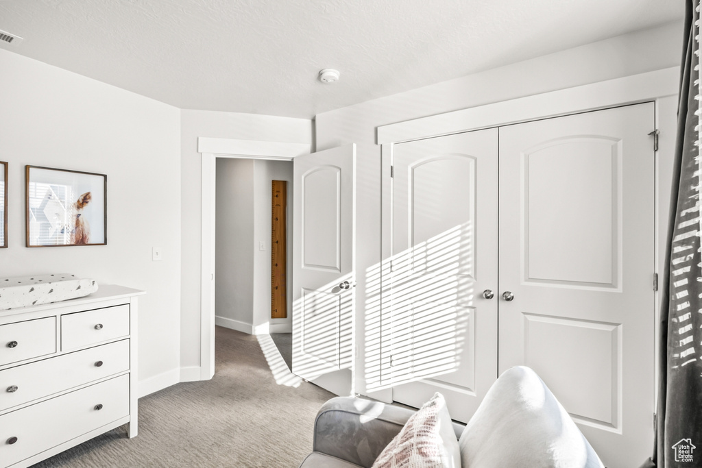 Sitting room with light carpet and baseboards