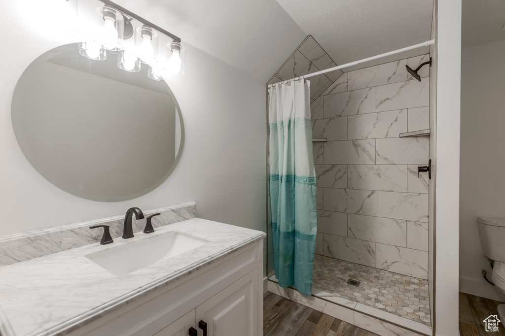Full bathroom featuring toilet, a stall shower, vanity, wood finished floors, and lofted ceiling