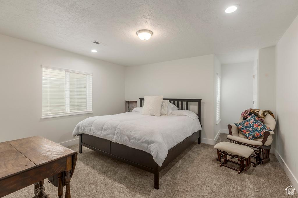Bedroom with carpet flooring, baseboards, recessed lighting, and a textured ceiling