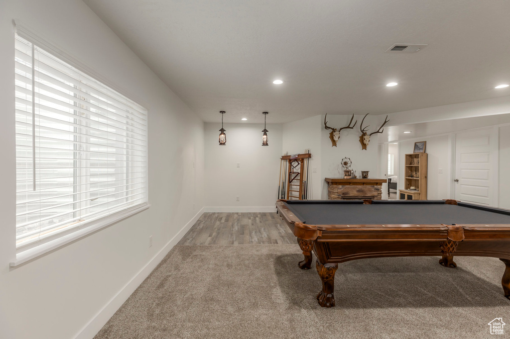 Game room featuring recessed lighting, light colored carpet, baseboards, and billiards table