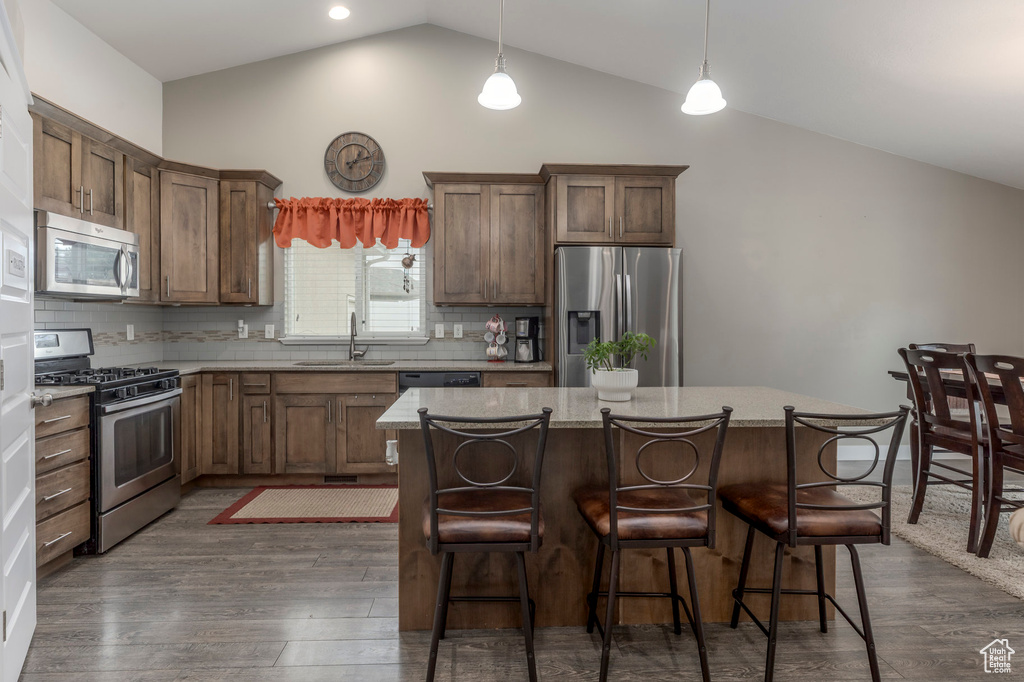 Kitchen with stainless steel appliances, a sink, a kitchen island, dark wood-style floors, and high vaulted ceiling