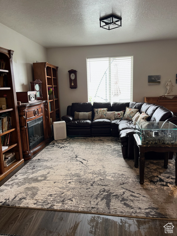 Living area featuring a glass covered fireplace, wood finished floors, and a textured ceiling