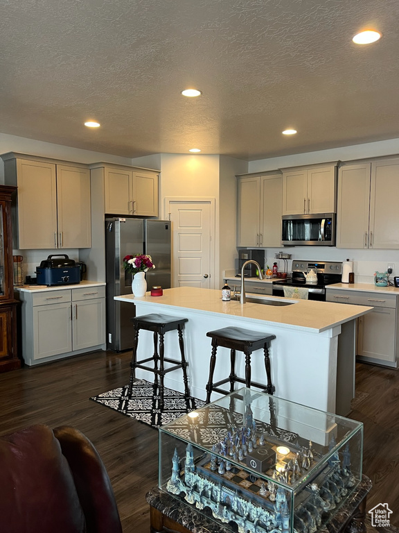 Kitchen with stainless steel appliances, a sink, light countertops, a textured ceiling, and dark wood-style floors