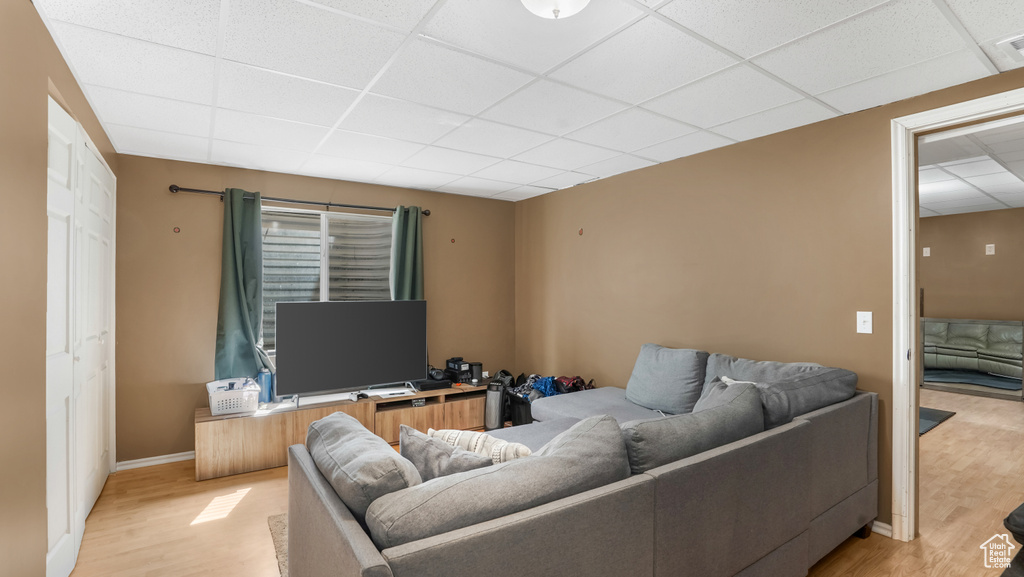 Living area with a drop ceiling and light wood-style flooring