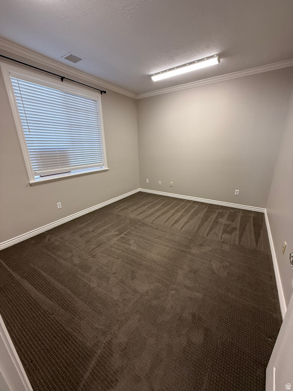 Empty room featuring dark colored carpet, ornamental molding, and a textured ceiling