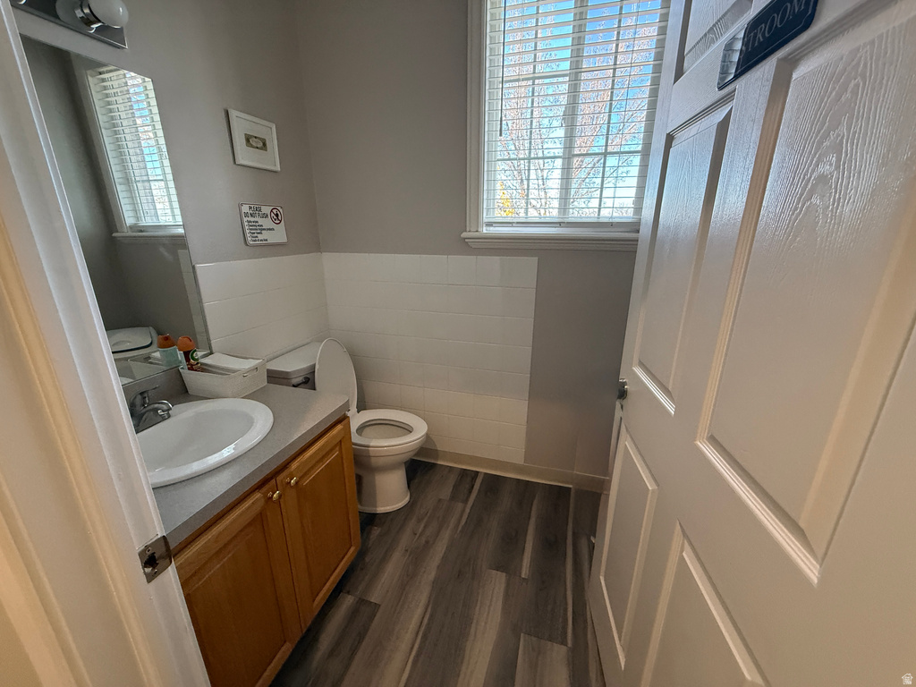 Bathroom with vanity, dark wood-style floors, tile walls, a wainscoted wall, and plenty of natural light