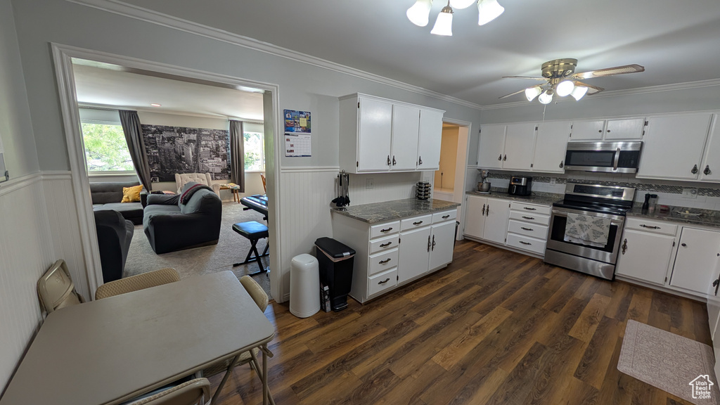 Kitchen with appliances with stainless steel finishes, wainscoting, ceiling fan, white cabinets, and dark wood-type flooring